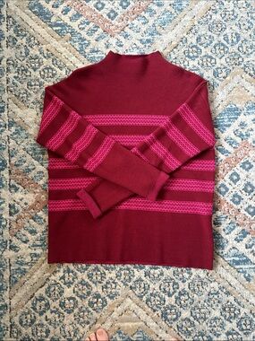 Tahari Burgundy Mock-neck Sweater with Pink Stripes